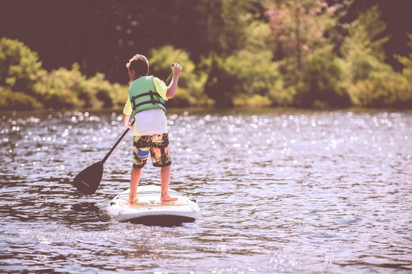 Child stand-up paddleboarding on a lake with a paddle, wearing a life jacket, forested shoreline in background